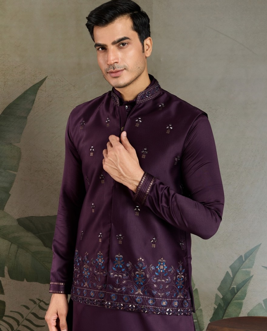 61105-PURPLE - Royal Plum Embroidered Kurta Set for Men